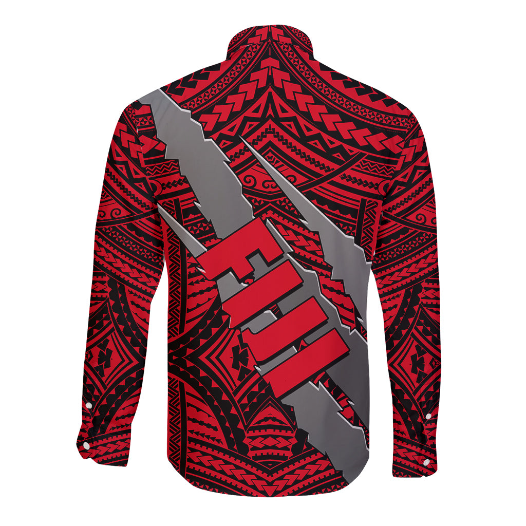 Polynesian Fiji Long Sleeve Button Shirt with Coat Of Arms Claws Style - Red LT6 - Wonder Print Shop