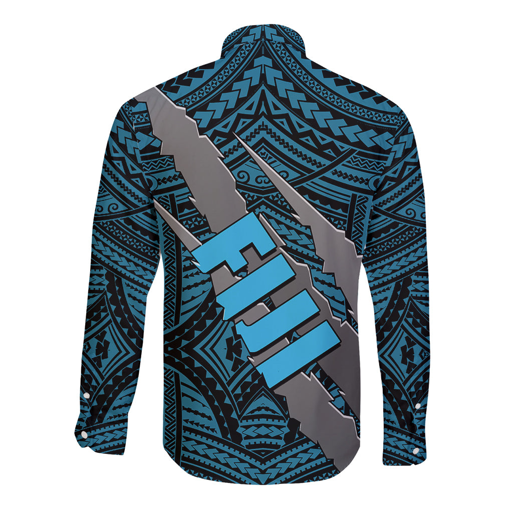 Polynesian Fiji Long Sleeve Button Shirt with Coat Of Arms Claws Style - Blue LT6 - Wonder Print Shop