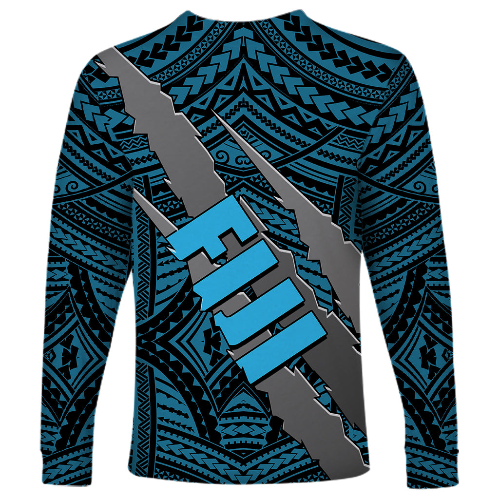 Polynesian Fiji Long Sleeve Shirt with Coat Of Arms Claws Style - Blue LT6 - Wonder Print Shop