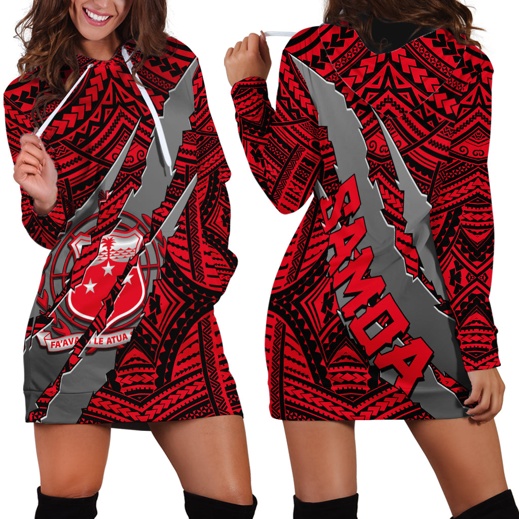 Polynesian Samoa Hoodie Dress with Coat Of Arms Claws Style - Red LT6 - Wonder Print Shop