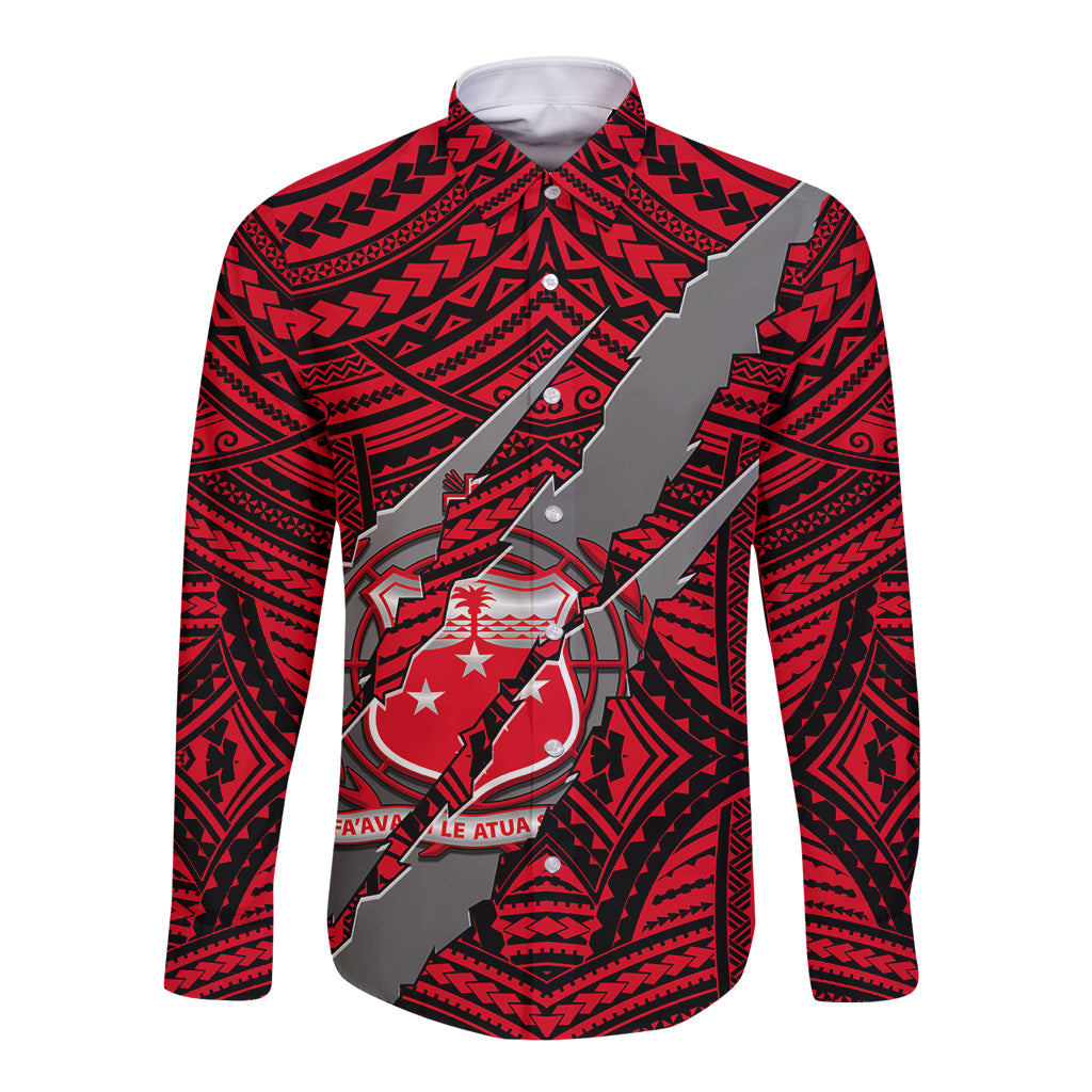 Polynesian Samoa Long Sleeve Button Shirt with Coat Of Arms Claws Style - Red LT6 - Wonder Print Shop