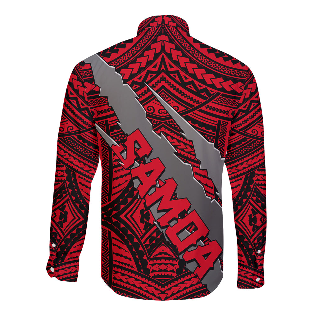 Polynesian Samoa Long Sleeve Button Shirt with Coat Of Arms Claws Style - Red LT6 - Wonder Print Shop