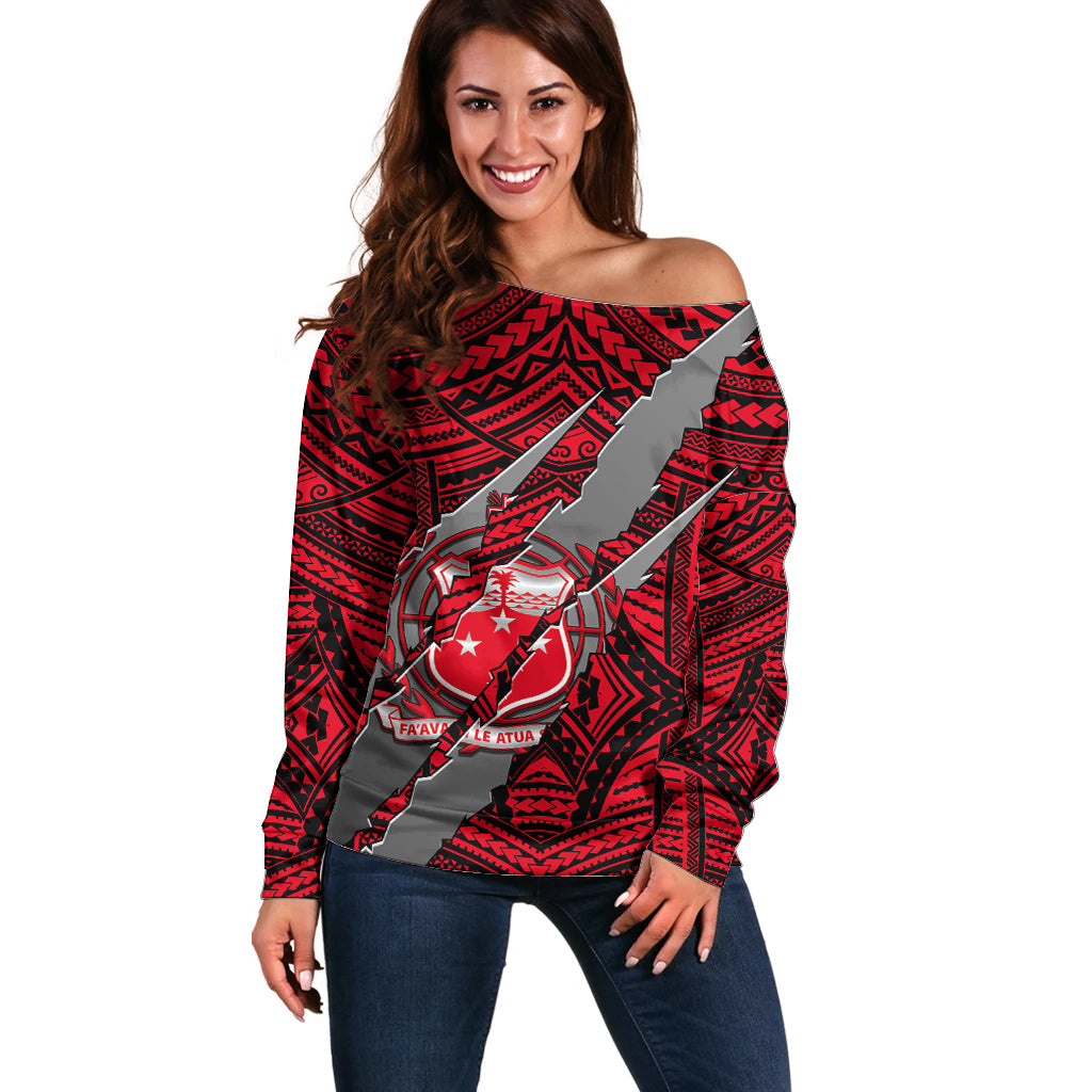 Polynesian Samoa Off Shoulder Sweater with Coat Of Arms Claws Style - Red LT6 - Wonder Print Shop