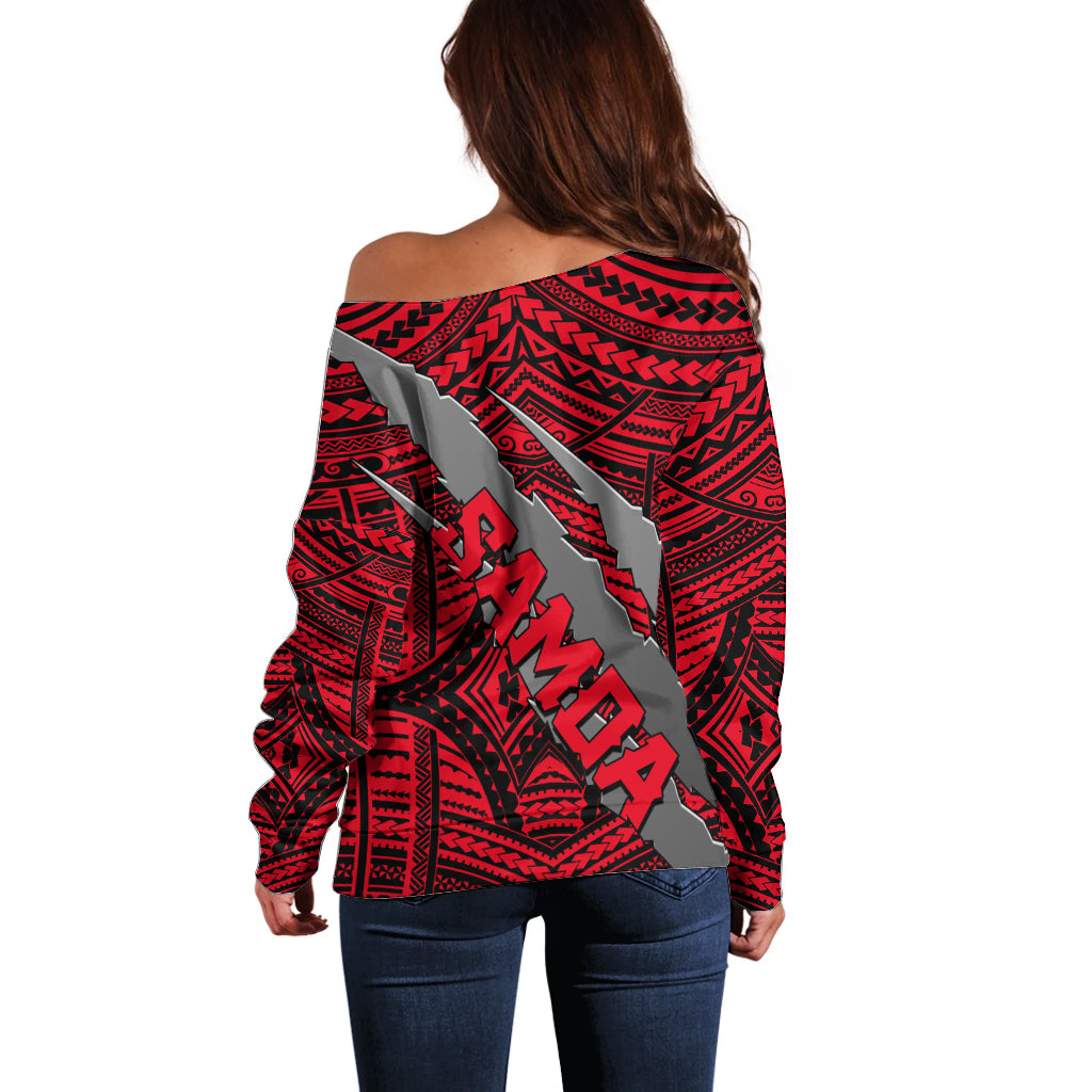 Polynesian Samoa Off Shoulder Sweater with Coat Of Arms Claws Style - Red LT6 - Wonder Print Shop