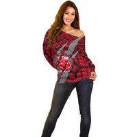 Polynesian Samoa Off Shoulder Sweater with Coat Of Arms Claws Style - Red LT6 - Wonder Print Shop