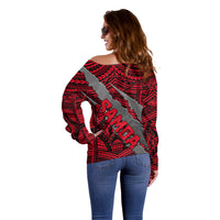 Polynesian Samoa Off Shoulder Sweater with Coat Of Arms Claws Style - Red LT6 - Wonder Print Shop