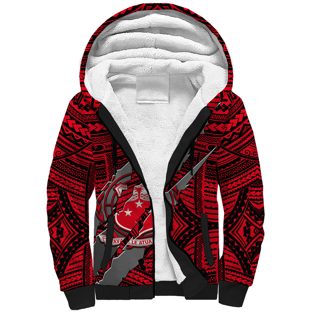 Polynesian Samoa Sherpa Hoodie with Coat Of Arms Claws Style - Red LT6 - Wonder Print Shop