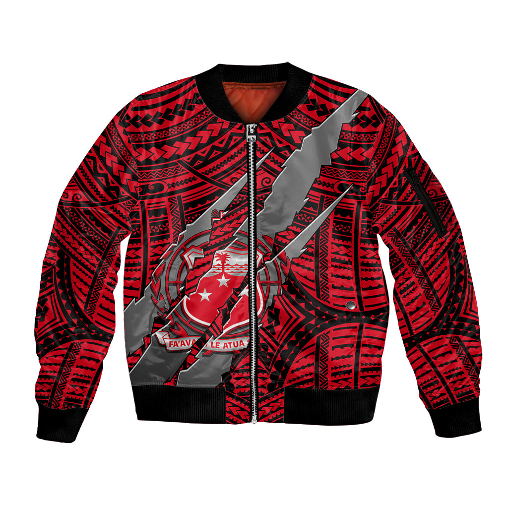 Polynesian Samoa Sleeve Zip Bomber Jacket with Coat Of Arms Claws Style - Red LT6 - Wonder Print Shop