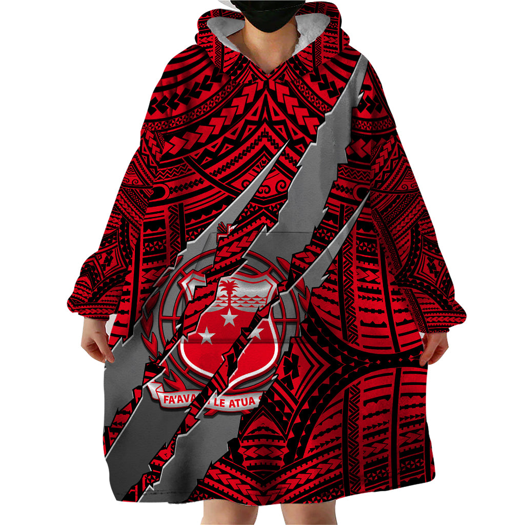 Polynesian Samoa Wearable Blanket Hoodie with Coat Of Arms Claws Style - Red LT6 - Wonder Print Shop