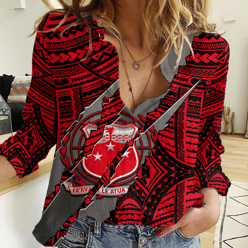 Polynesian Samoa Women Casual Shirt with Coat Of Arms Claws Style - Red LT6 - Wonder Print Shop