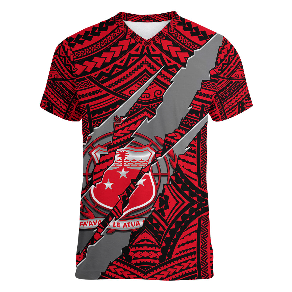 Polynesian Samoa Women V Neck T Shirt with Coat Of Arms Claws Style - Red LT6 - Wonder Print Shop