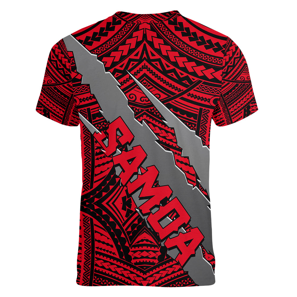 Polynesian Samoa Women V Neck T Shirt with Coat Of Arms Claws Style - Red LT6 - Wonder Print Shop