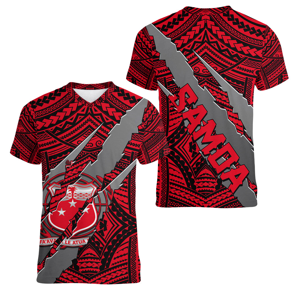 Polynesian Samoa Women V Neck T Shirt with Coat Of Arms Claws Style - Red LT6 - Wonder Print Shop