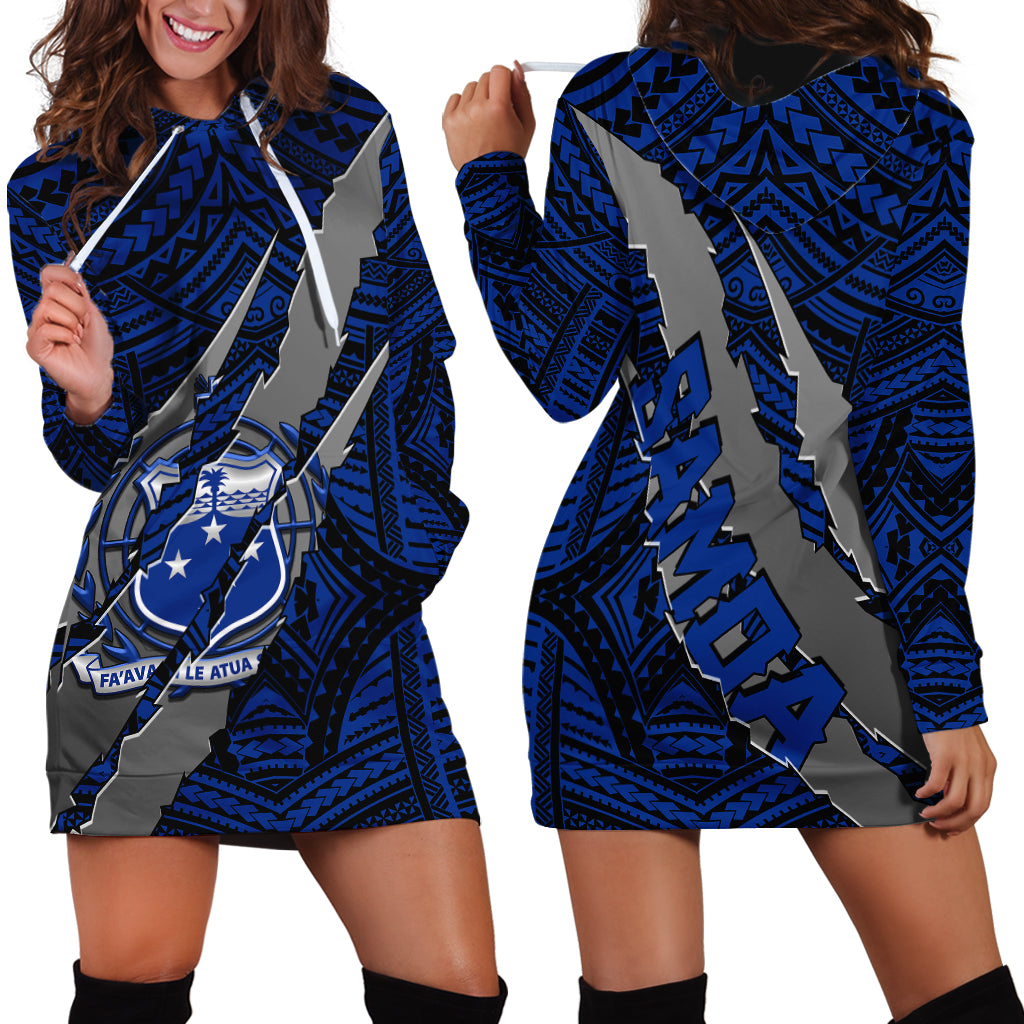 Polynesian Samoa Hoodie Dress with Coat Of Arms Claws Style - Blue LT6 - Wonder Print Shop