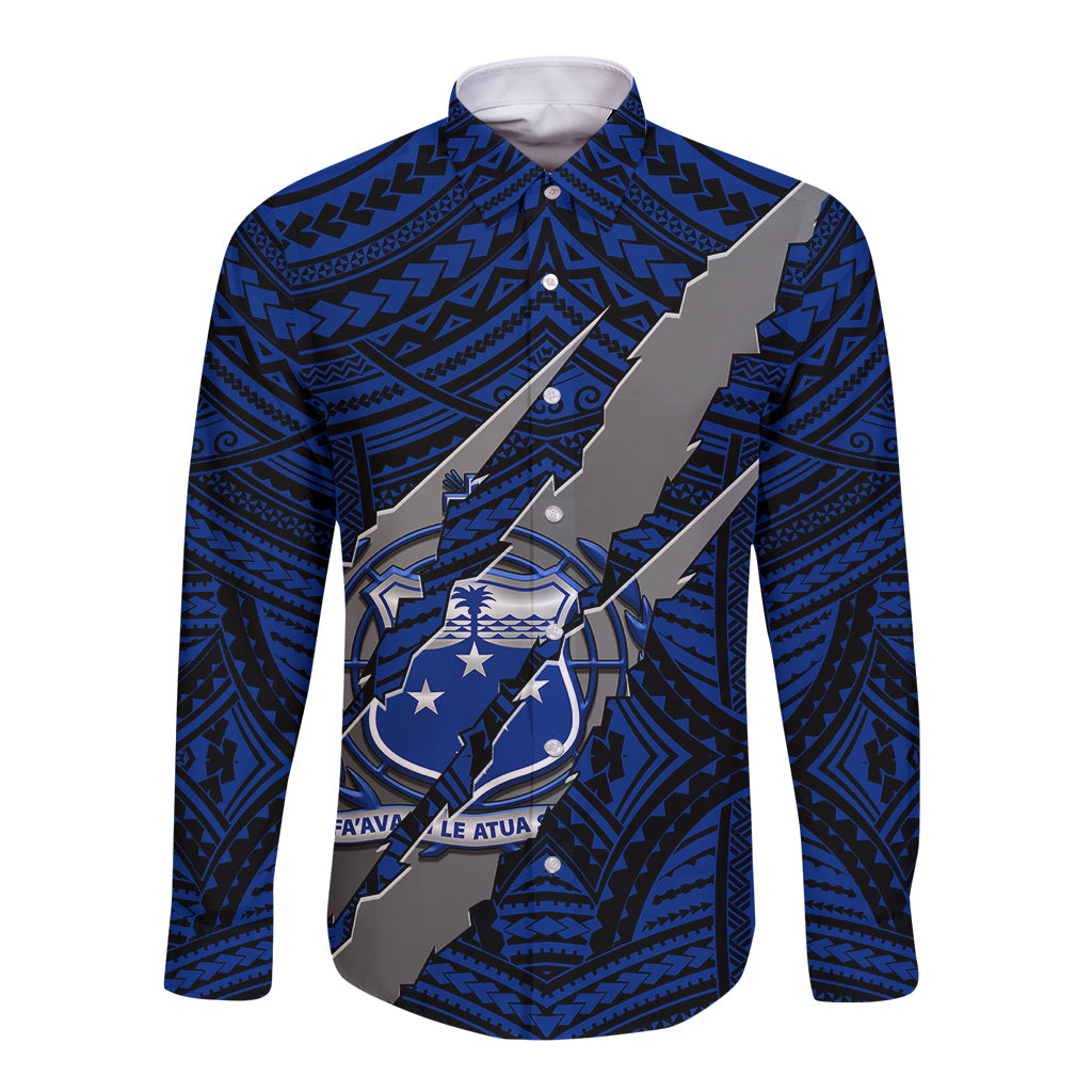 Polynesian Samoa Long Sleeve Button Shirt with Coat Of Arms Claws Style - Blue LT6 - Wonder Print Shop