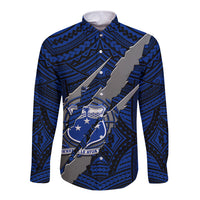 Polynesian Samoa Long Sleeve Button Shirt with Coat Of Arms Claws Style - Blue LT6 - Wonder Print Shop