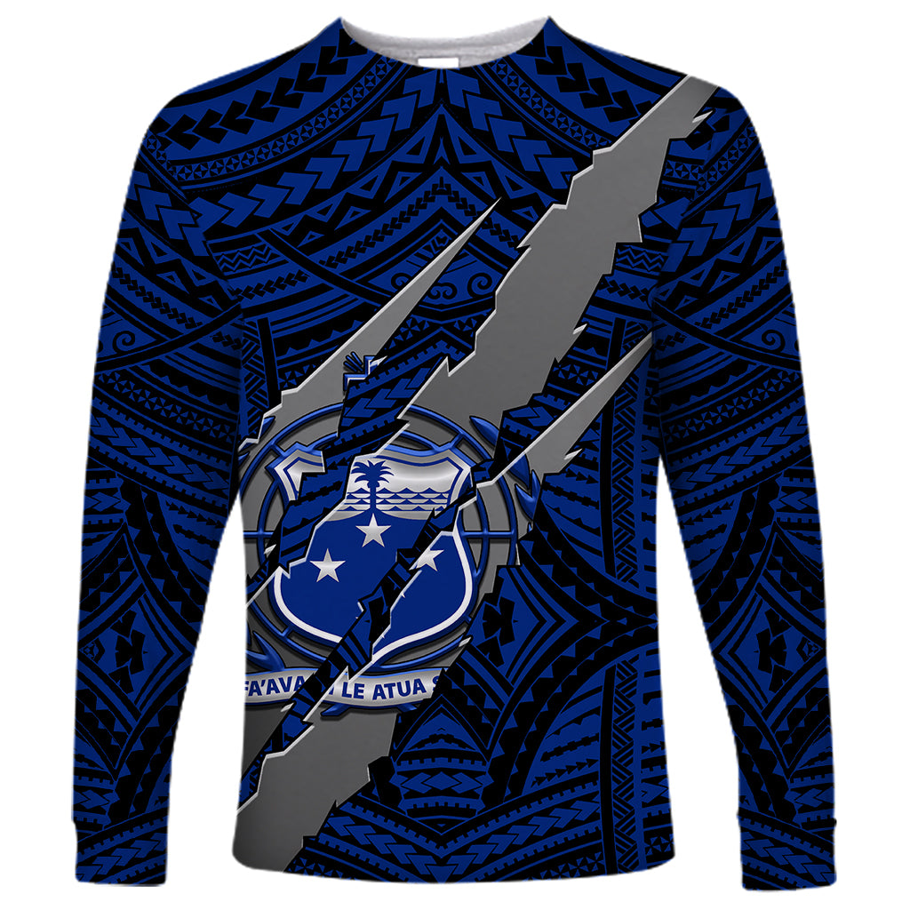 Polynesian Samoa Long Sleeve Shirt with Coat Of Arms Claws Style - Blue LT6 - Wonder Print Shop