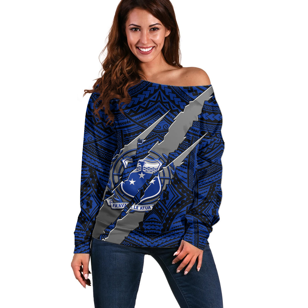 Polynesian Samoa Off Shoulder Sweater with Coat Of Arms Claws Style - Blue LT6 - Wonder Print Shop
