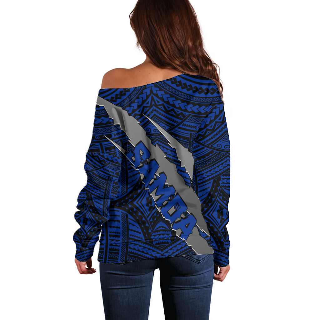 Polynesian Samoa Off Shoulder Sweater with Coat Of Arms Claws Style - Blue LT6 - Wonder Print Shop