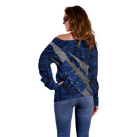 Polynesian Samoa Off Shoulder Sweater with Coat Of Arms Claws Style - Blue LT6 - Wonder Print Shop