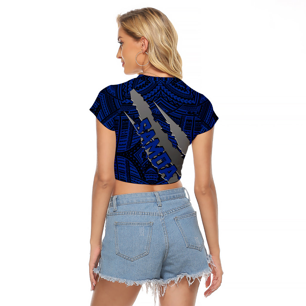 Polynesian Samoa Raglan Cropped T Shirt with Coat Of Arms Claws Style - Blue LT6 - Wonder Print Shop