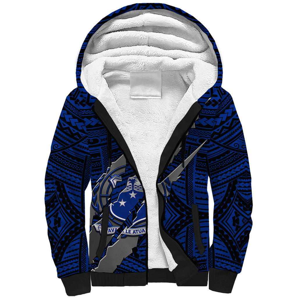 Polynesian Samoa Sherpa Hoodie with Coat Of Arms Claws Style - Blue LT6 - Wonder Print Shop