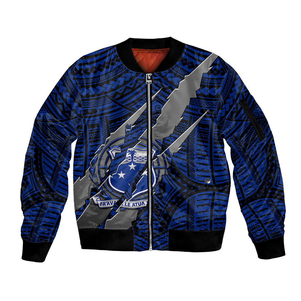 Polynesian Samoa Sleeve Zip Bomber Jacket with Coat Of Arms Claws Style - Blue LT6 - Wonder Print Shop