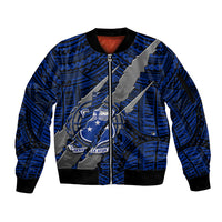 Polynesian Samoa Sleeve Zip Bomber Jacket with Coat Of Arms Claws Style - Blue LT6 - Wonder Print Shop