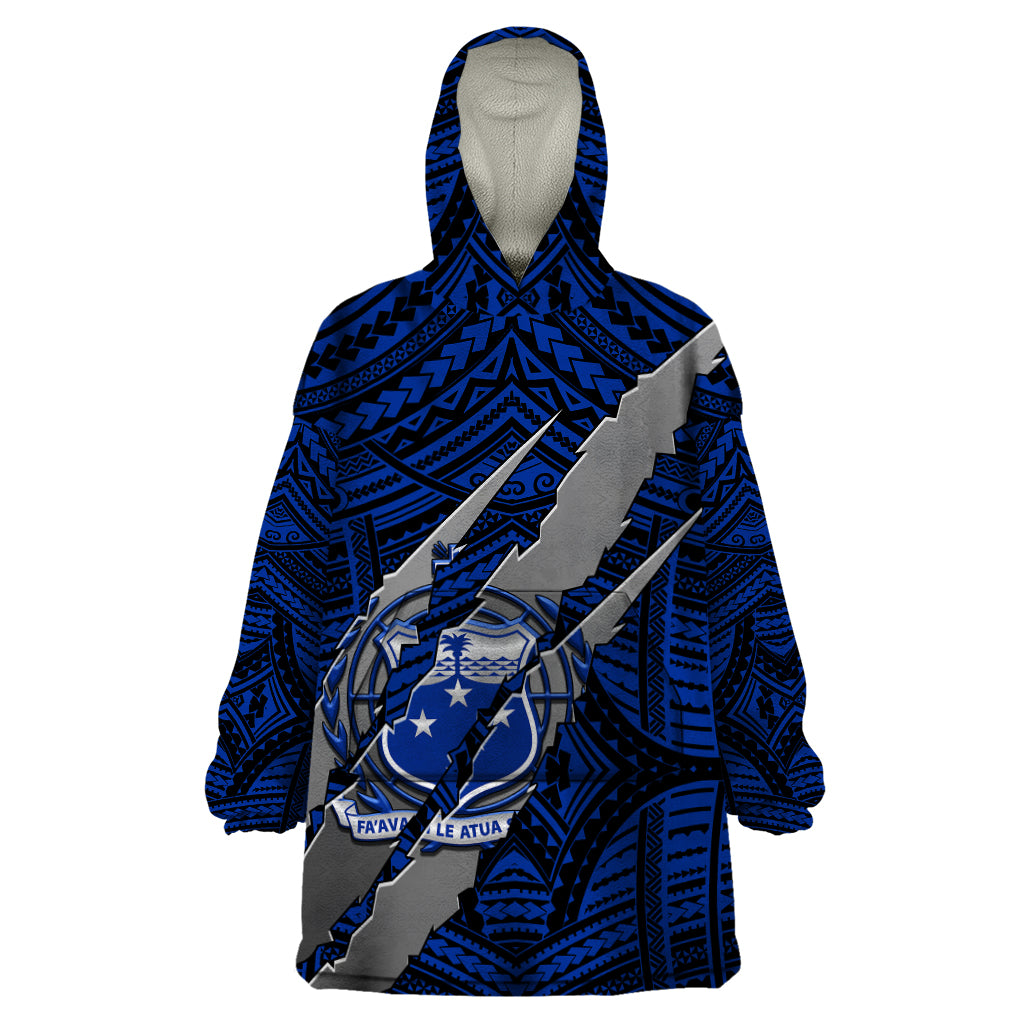 Polynesian Samoa Wearable Blanket Hoodie with Coat Of Arms Claws Style - Blue LT6 - Wonder Print Shop