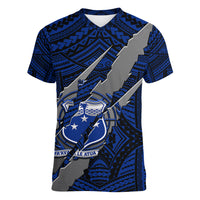Polynesian Samoa Women V Neck T Shirt with Coat Of Arms Claws Style - Blue LT6 - Wonder Print Shop