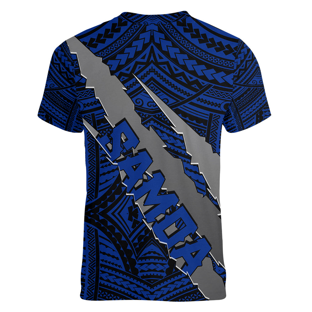 Polynesian Samoa Women V Neck T Shirt with Coat Of Arms Claws Style - Blue LT6 - Wonder Print Shop