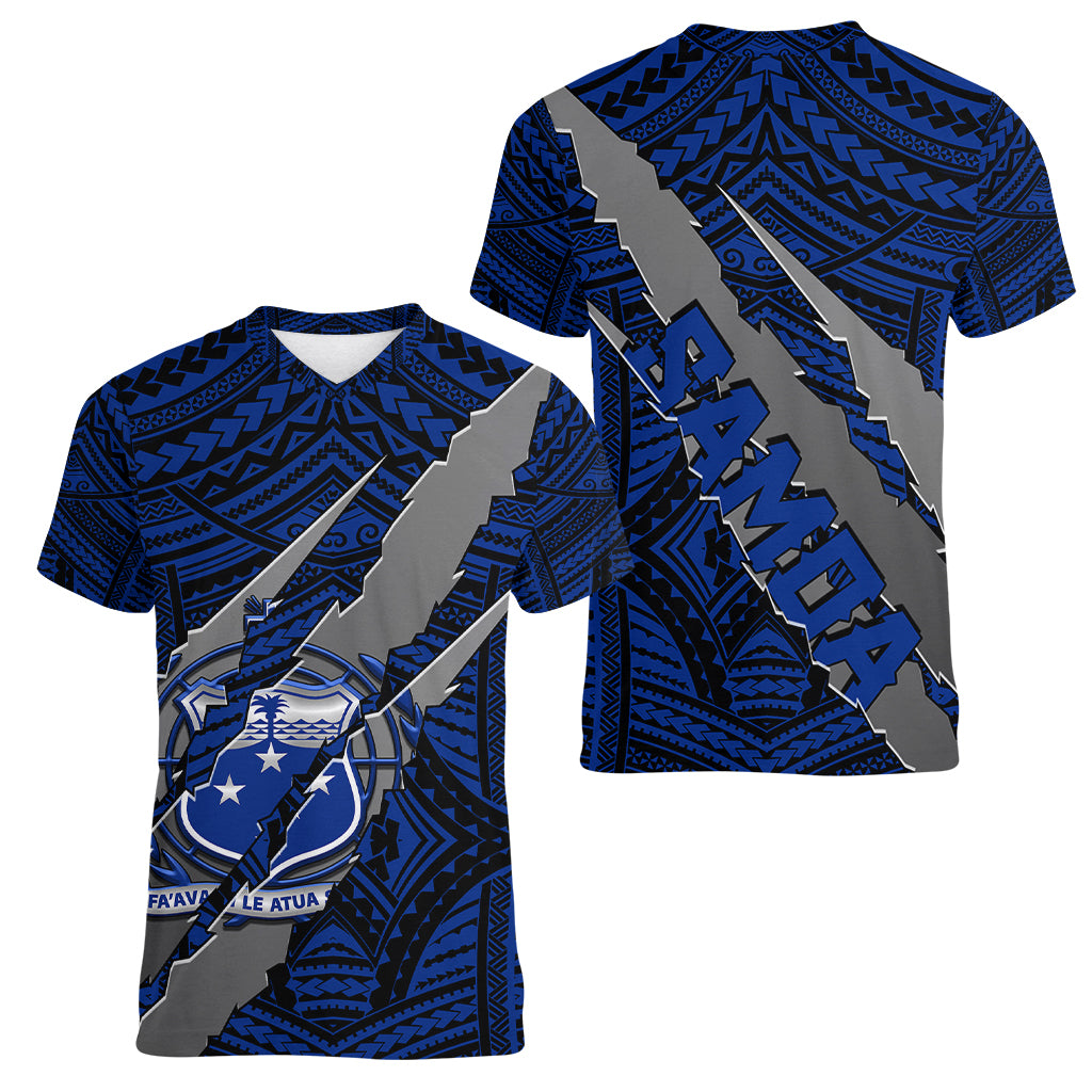 Polynesian Samoa Women V Neck T Shirt with Coat Of Arms Claws Style - Blue LT6 - Wonder Print Shop