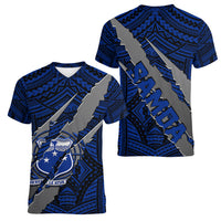 Polynesian Samoa Women V Neck T Shirt with Coat Of Arms Claws Style - Blue LT6 - Wonder Print Shop
