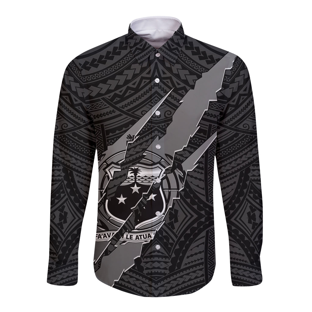 Polynesian Samoa Long Sleeve Button Shirt with Coat Of Arms Claws Style - Black LT6 - Wonder Print Shop