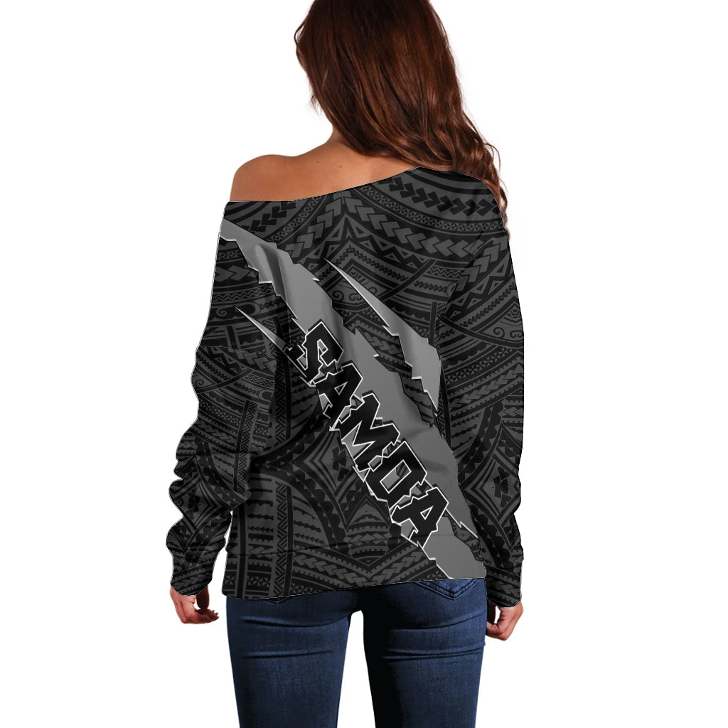 Polynesian Samoa Off Shoulder Sweater with Coat Of Arms Claws Style - Black LT6 - Wonder Print Shop