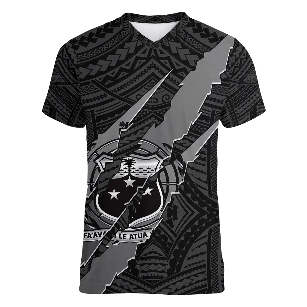 Polynesian Samoa Women V Neck T Shirt with Coat Of Arms Claws Style - Black LT6 - Wonder Print Shop