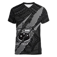 Polynesian Samoa Women V Neck T Shirt with Coat Of Arms Claws Style - Black LT6 - Wonder Print Shop