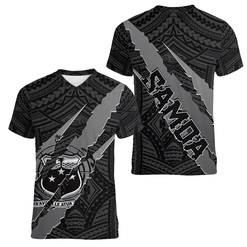 Polynesian Samoa Women V Neck T Shirt with Coat Of Arms Claws Style - Black LT6 - Wonder Print Shop