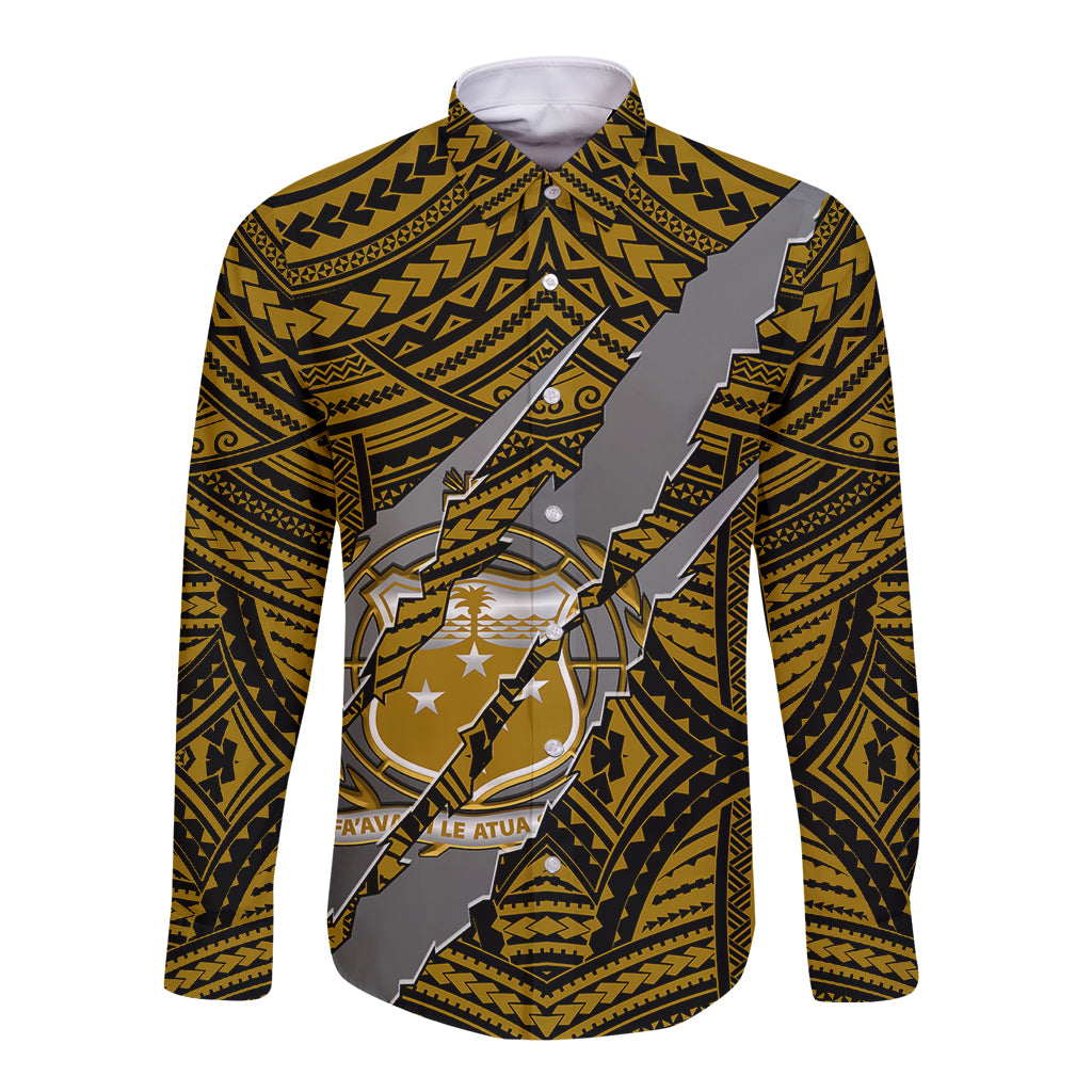 Polynesian Samoa Long Sleeve Button Shirt with Coat Of Arms Claws Style - Gold LT6 - Wonder Print Shop