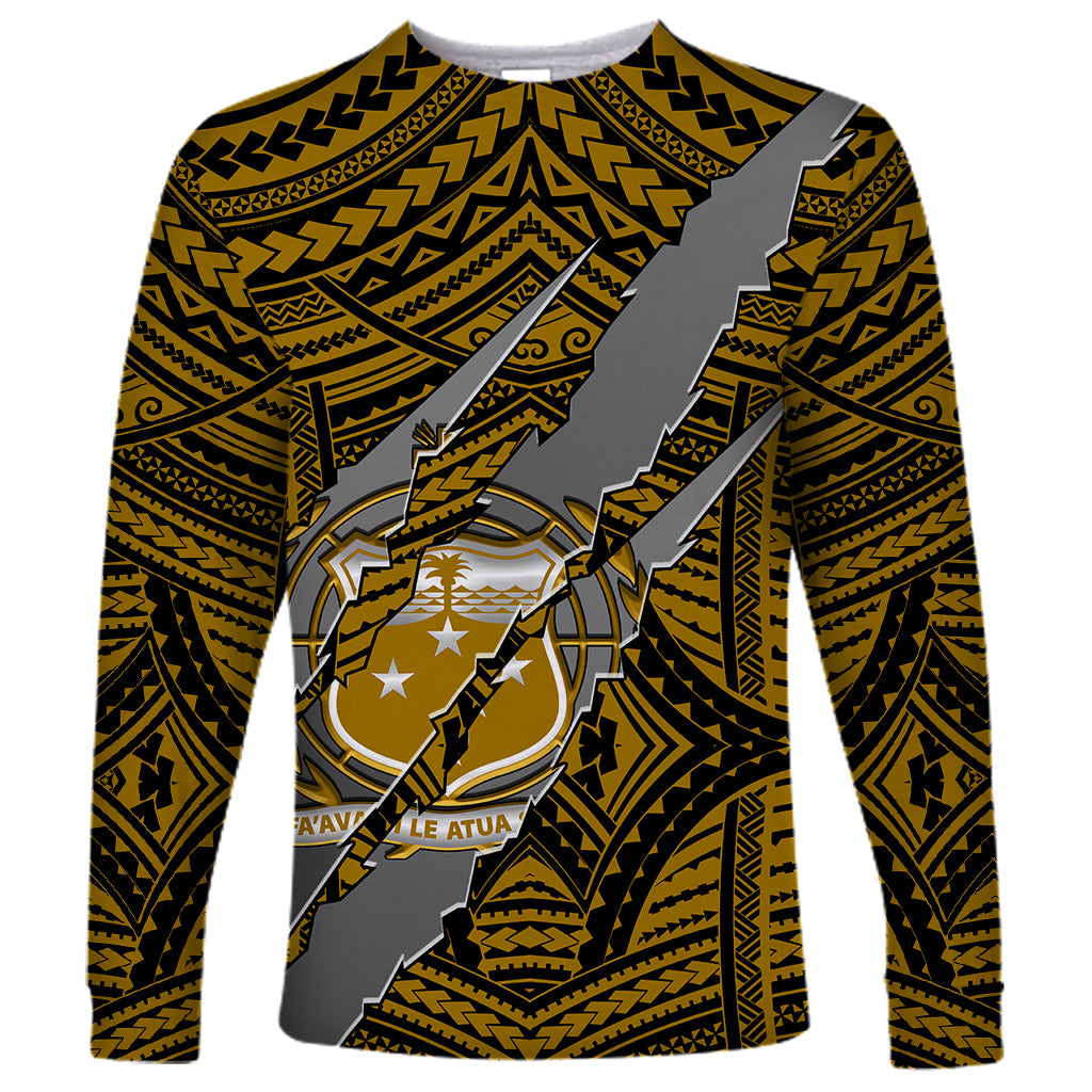 Polynesian Samoa Long Sleeve Shirt with Coat Of Arms Claws Style - Gold LT6 - Wonder Print Shop