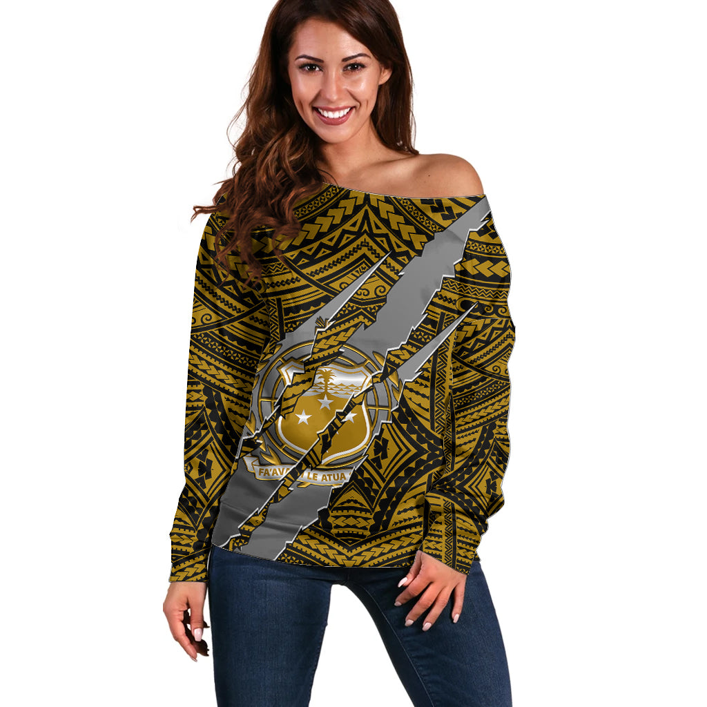 Polynesian Samoa Off Shoulder Sweater with Coat Of Arms Claws Style - Gold LT6 - Wonder Print Shop