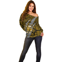Polynesian Samoa Off Shoulder Sweater with Coat Of Arms Claws Style - Gold LT6 - Wonder Print Shop