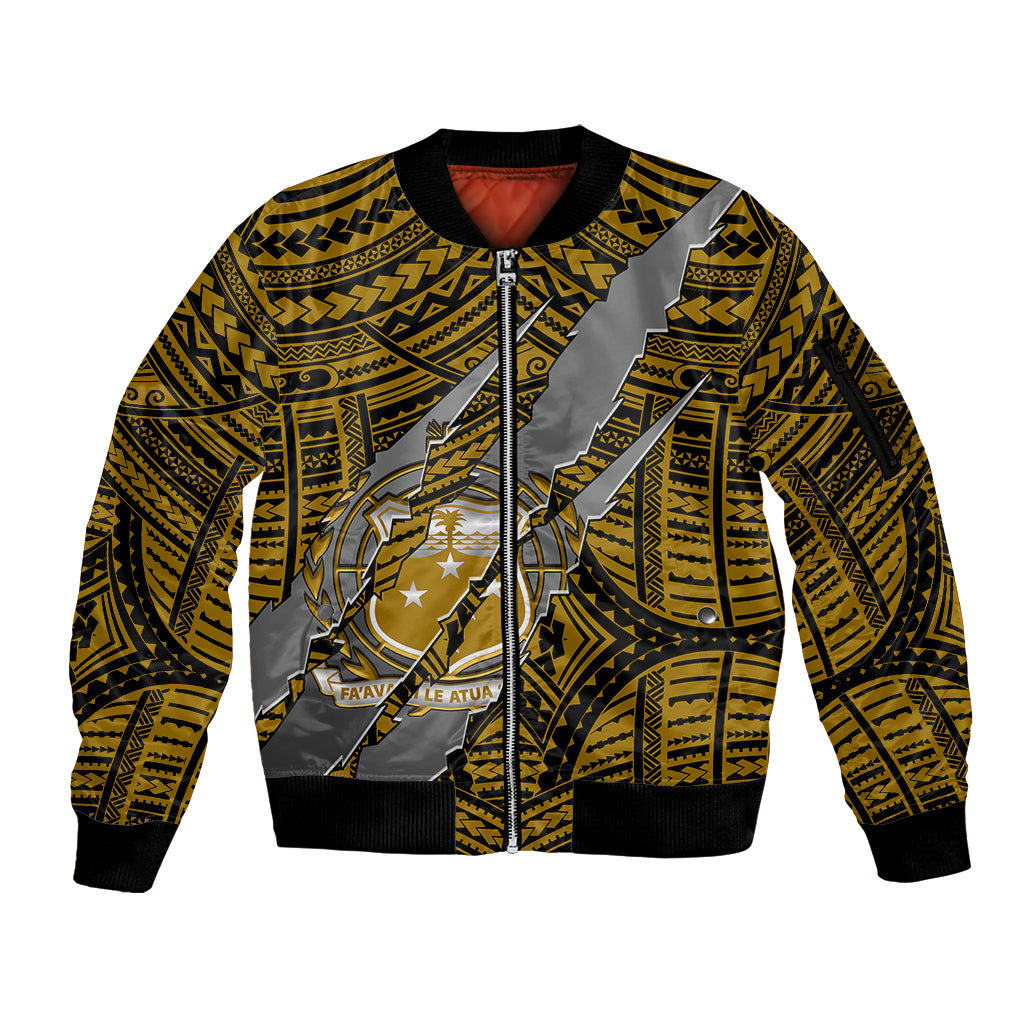 Polynesian Samoa Sleeve Zip Bomber Jacket with Coat Of Arms Claws Style - Gold LT6 - Wonder Print Shop