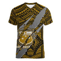 Polynesian Samoa Women V Neck T Shirt with Coat Of Arms Claws Style - Gold LT6 - Wonder Print Shop