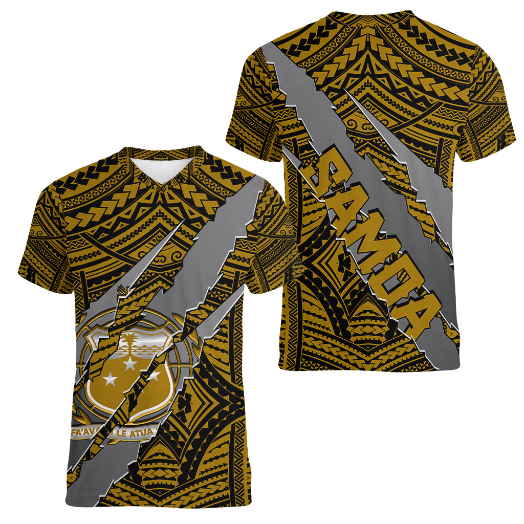 Polynesian Samoa Women V Neck T Shirt with Coat Of Arms Claws Style - Gold LT6 - Wonder Print Shop