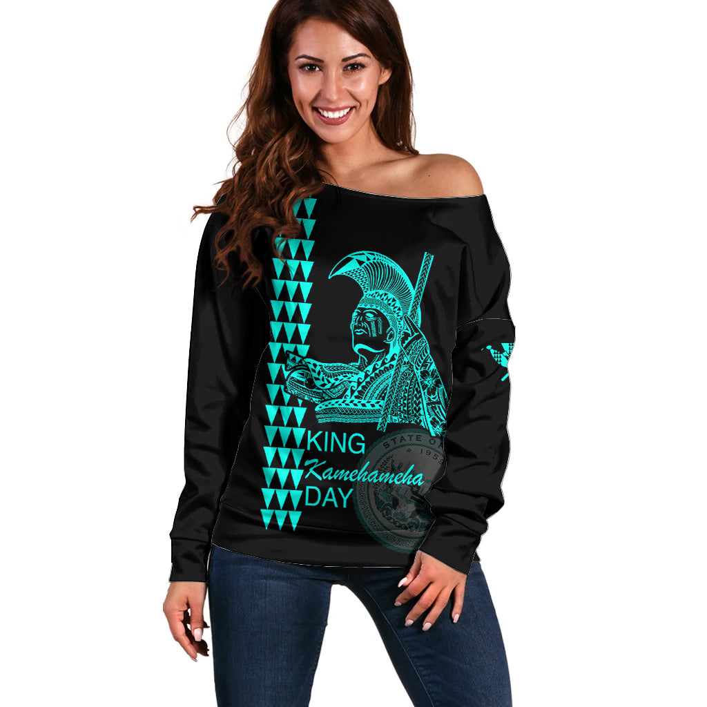 Custom Hawaii Off Shoulder Sweater King Kamehameha Day - Green LT6 - Wonder Print Shop