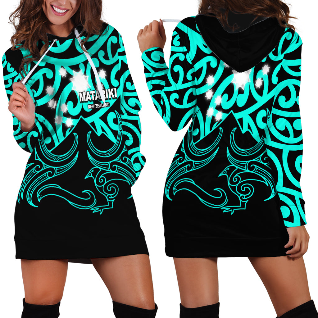 Matariki New Zealand Hoodie Dress Maori New Year Turquoise LT6 - Wonder Print Shop