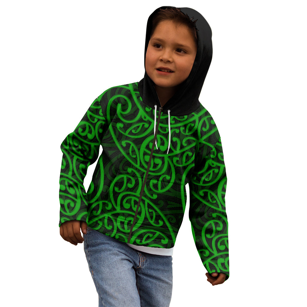 New Zealand Kid Hoodie Maori Pattern Green LT6 - Wonder Print Shop