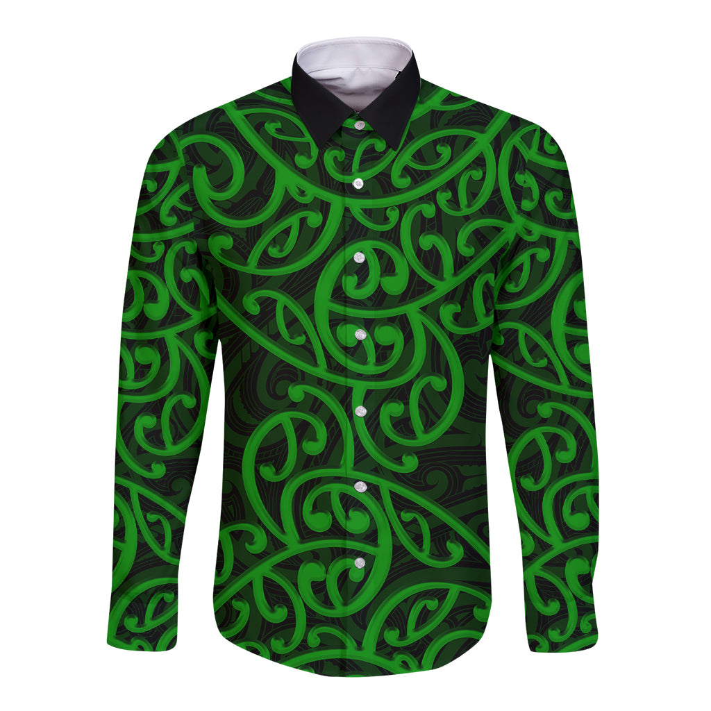 New Zealand Long Sleeve Button Shirt Maori Pattern Green LT6 - Wonder Print Shop