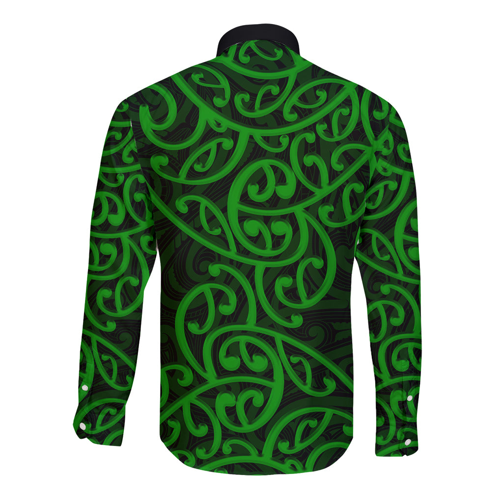 New Zealand Long Sleeve Button Shirt Maori Pattern Green LT6 - Wonder Print Shop